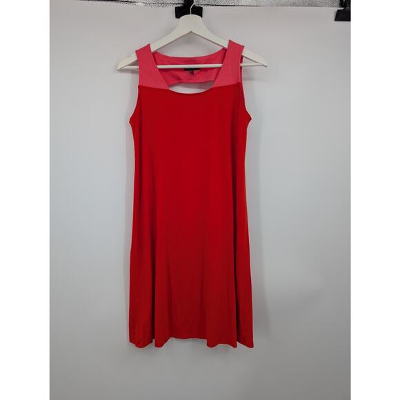 Eileen Fisher Red Pink Colorblock Cut-Out Jersey Knit Shift Dress PS Career - Picture 1 of 8